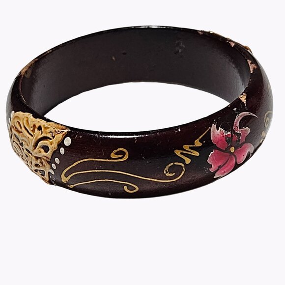 Vintage 70S Painted Wooden Bangle Bracelet Retro Boho Fashion Jewelry Women - Picture 1 of 5
